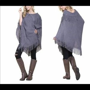 GRAY FRINGED COLLAR PONCHO